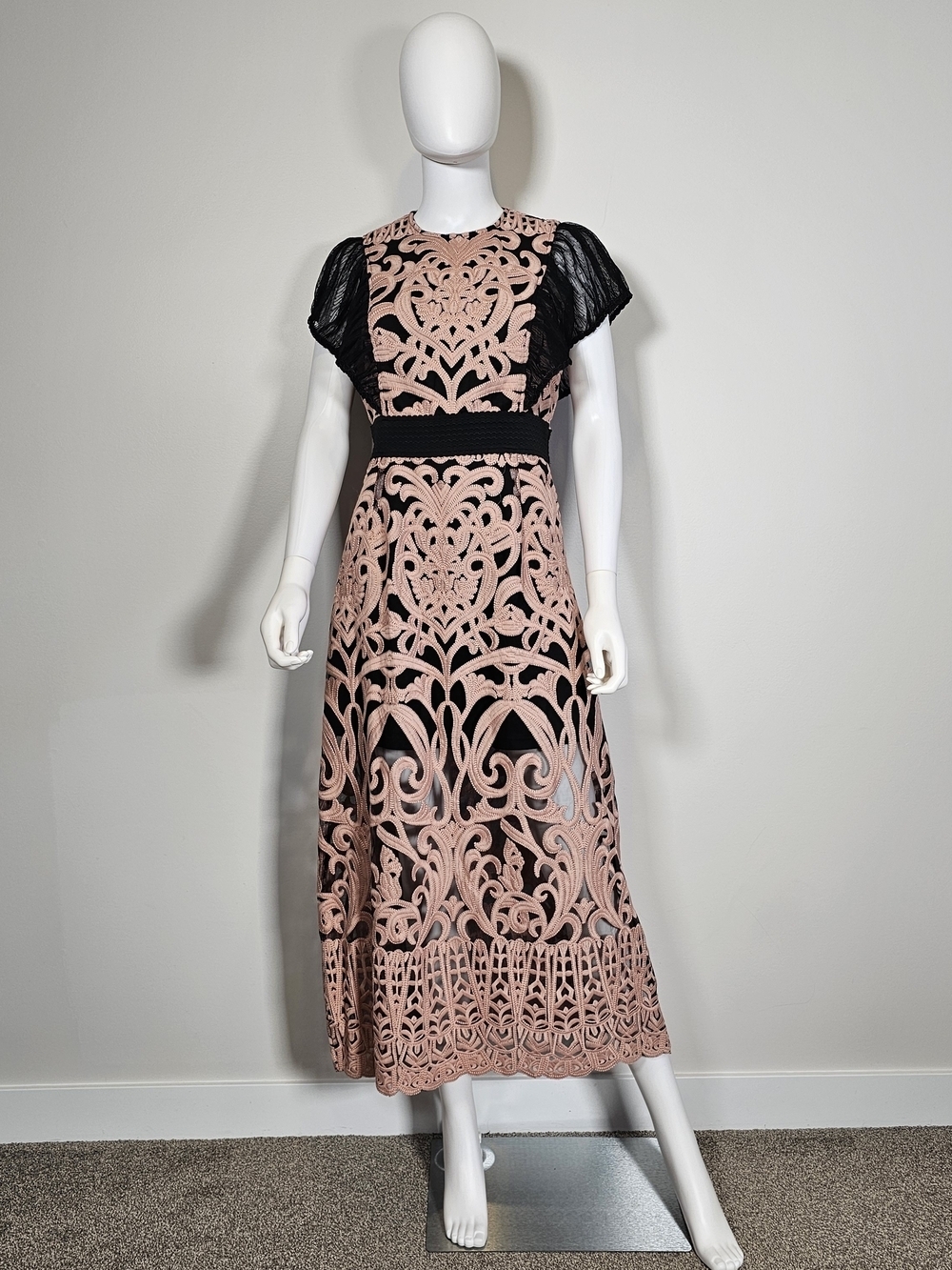 Foxiedox Black & Blush Pink Lace-Panel Midi Dress Sz L